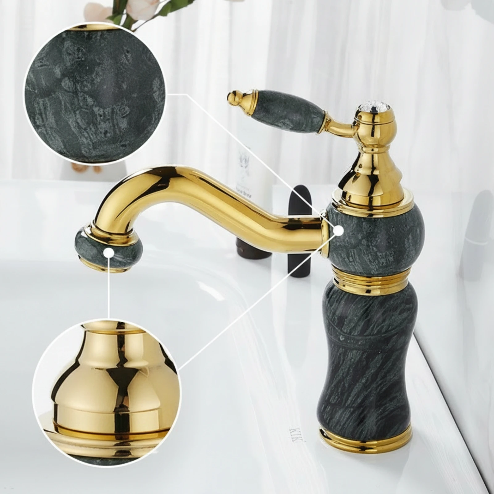 Grifo lavabo vintage cuello cisne giratorio – Oro pulido baño - imagen 4