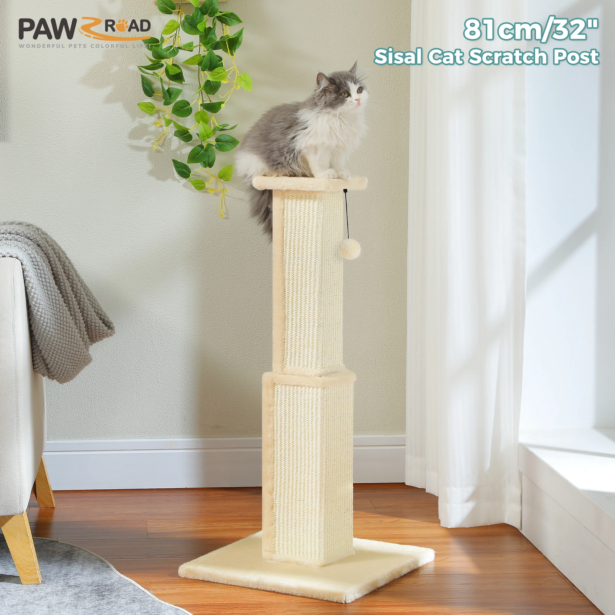 Rascador con sisal natural y bola interactiva colgante