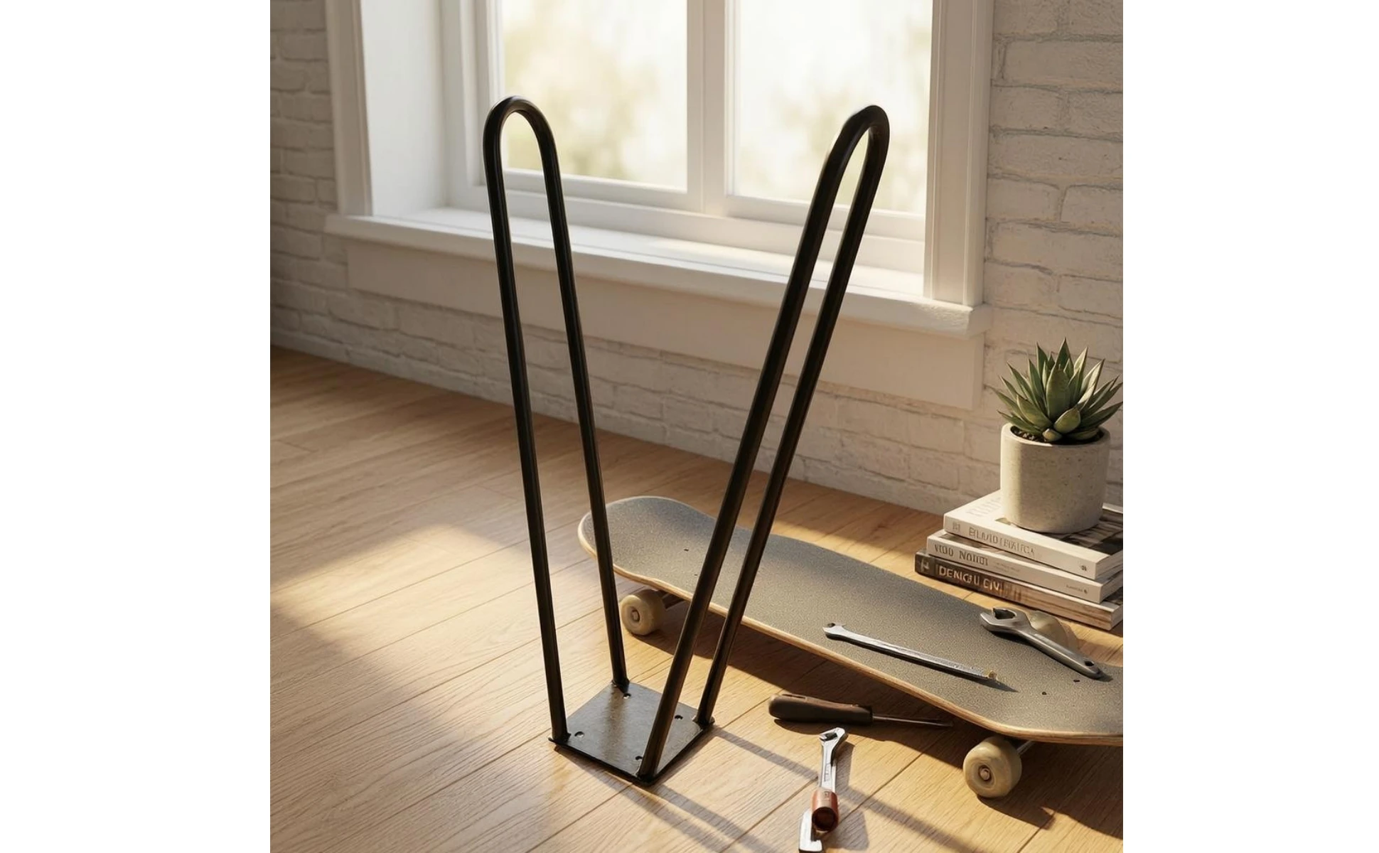 Soporte de pata de mesa tipo horquilla con acabado negro mate y forma en U
