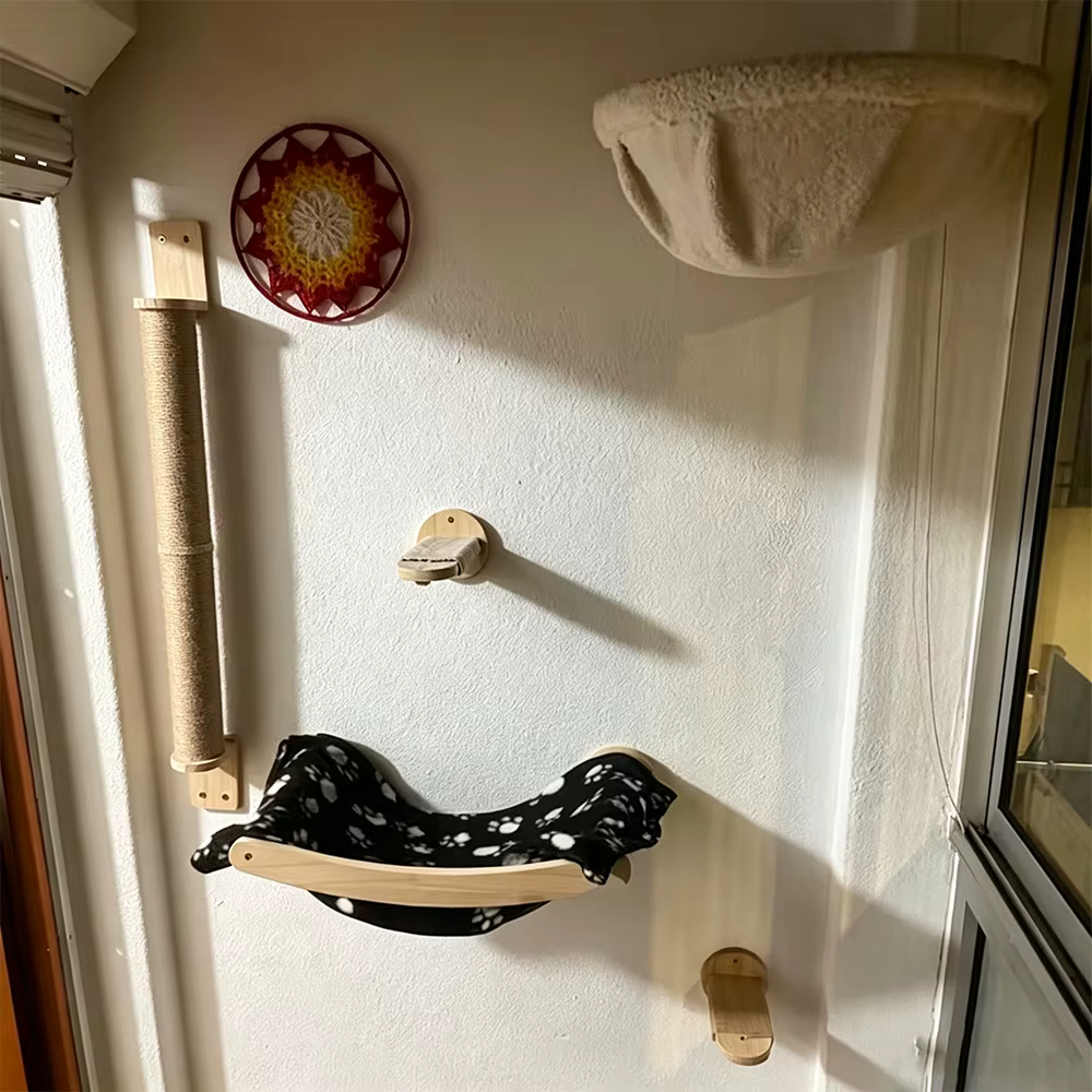 Estantes de pared de madera para felinos con poste rascador y mirador - imagen 3