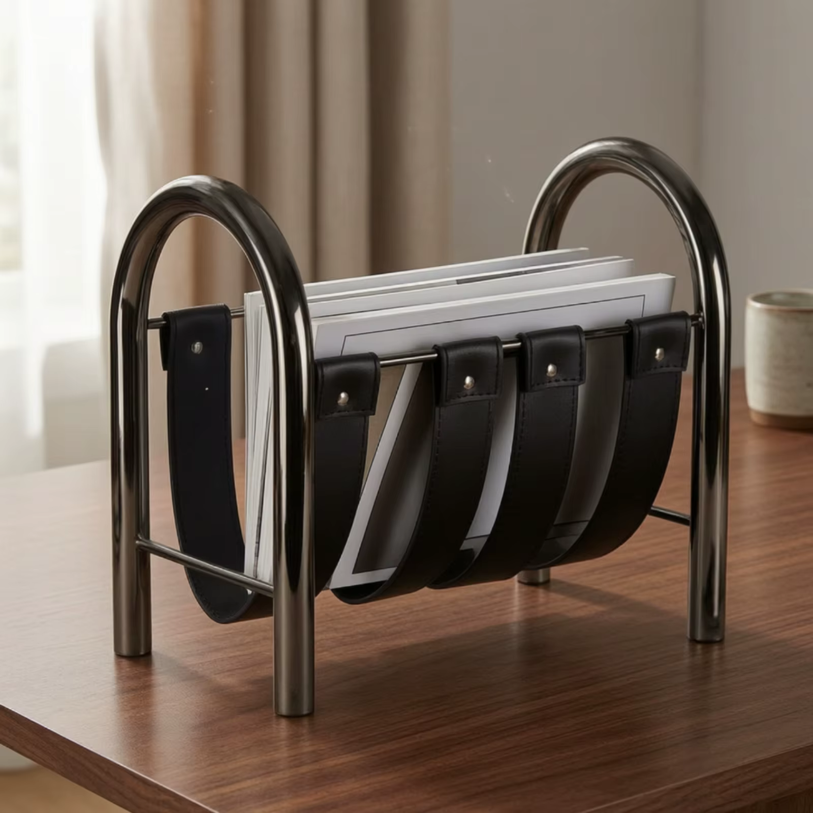 Soporte para libros con correas de cuero para mesa, organizador - imagen 3