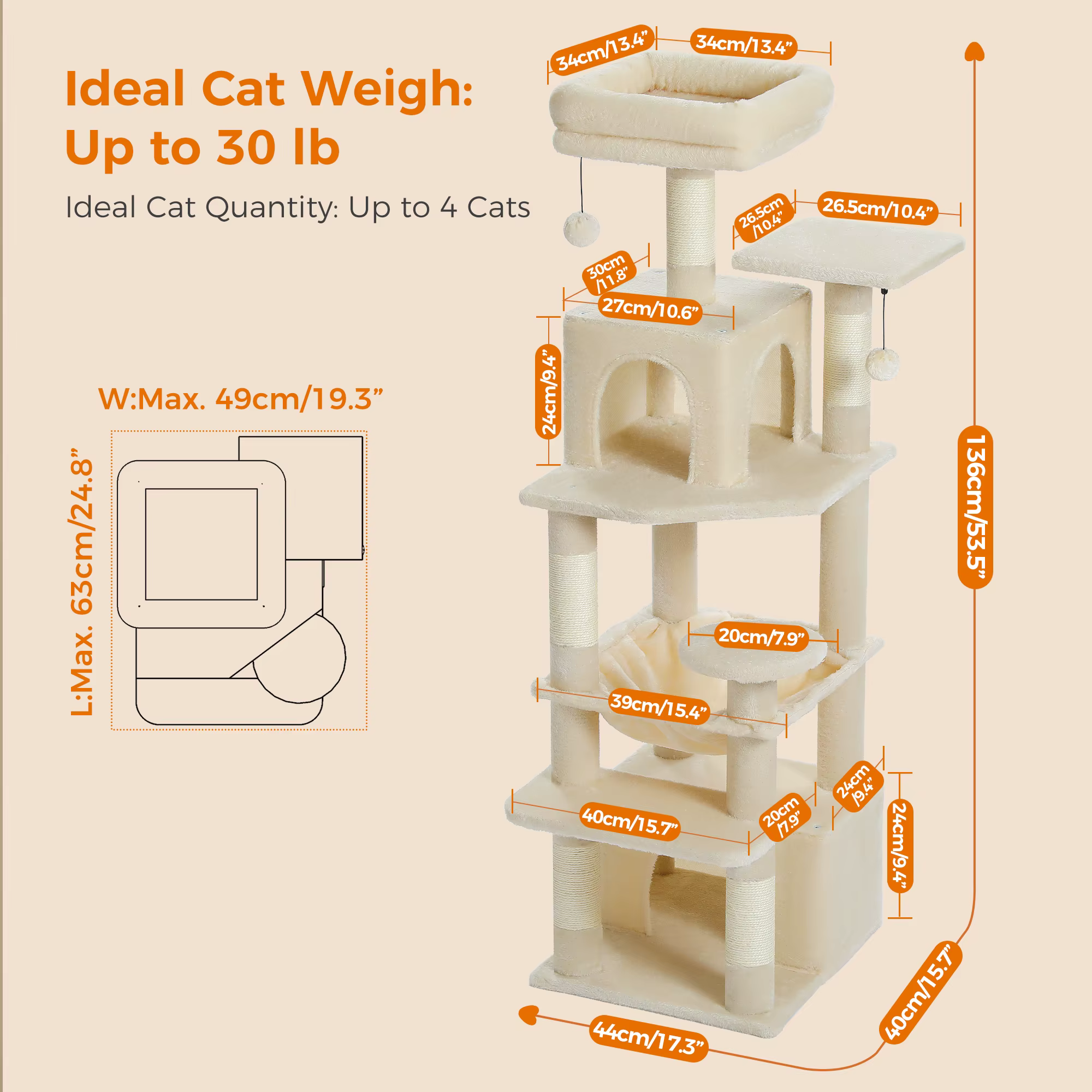 Vista frontal de la torre de árbol para gatos con pompón y hamaca
