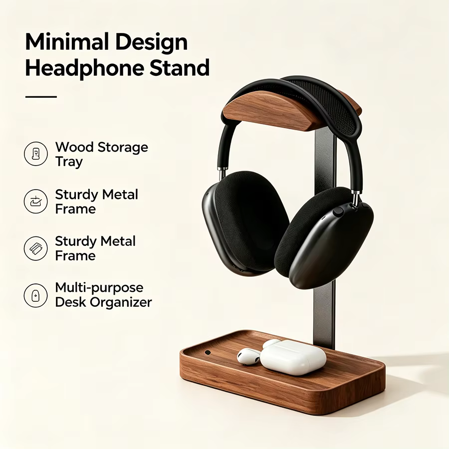Soporte de auriculares de madera maciza nogal negro con base de aluminio - imagen 2