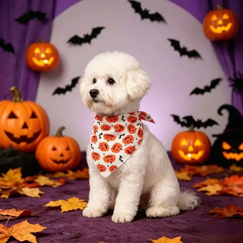 Bandana Halloween para Perros y Gatos – Pañuelo Estampado Calabaza y Murciélago - imagen 3