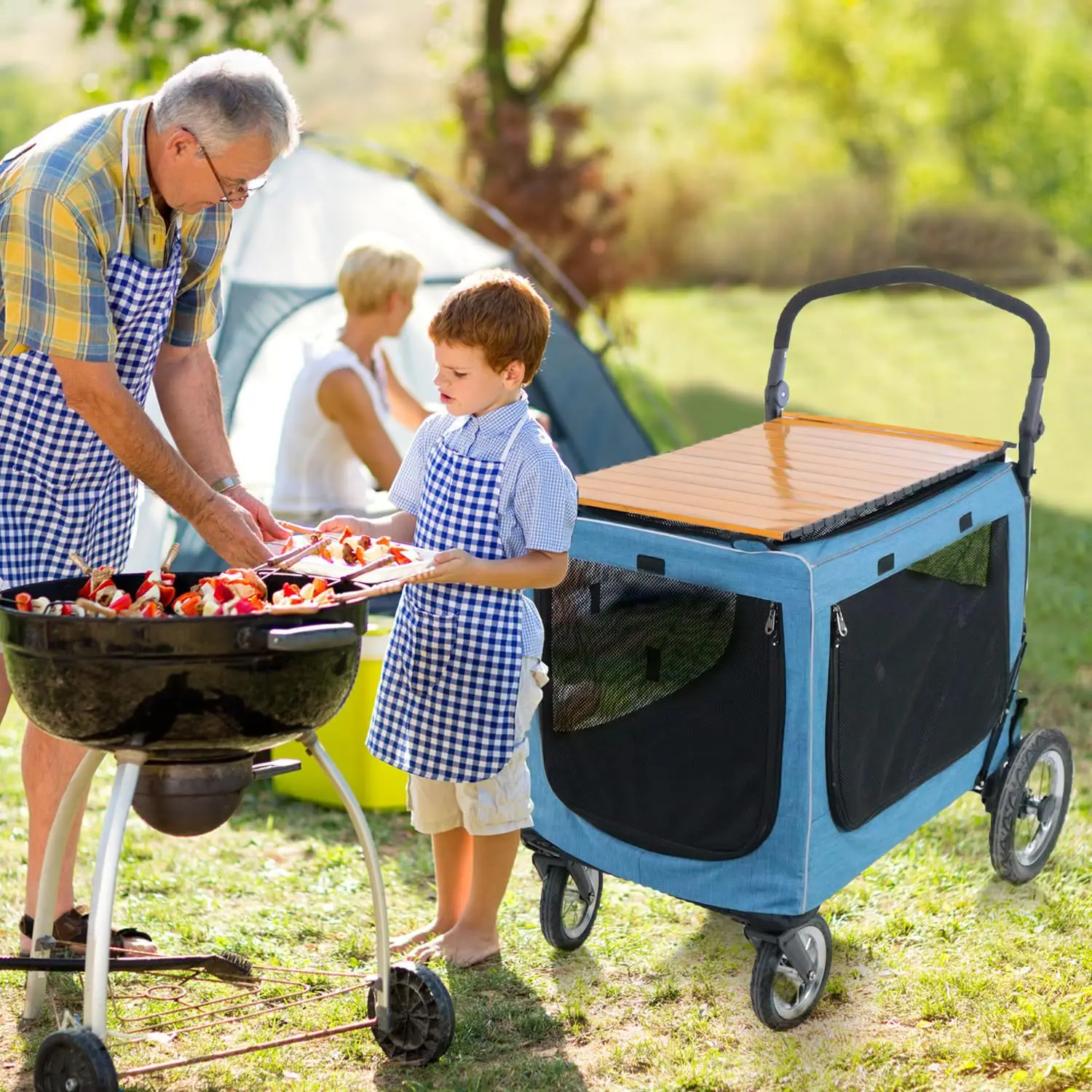Carrito para perros plegable multifuncional con mesa de madera - imagen 4