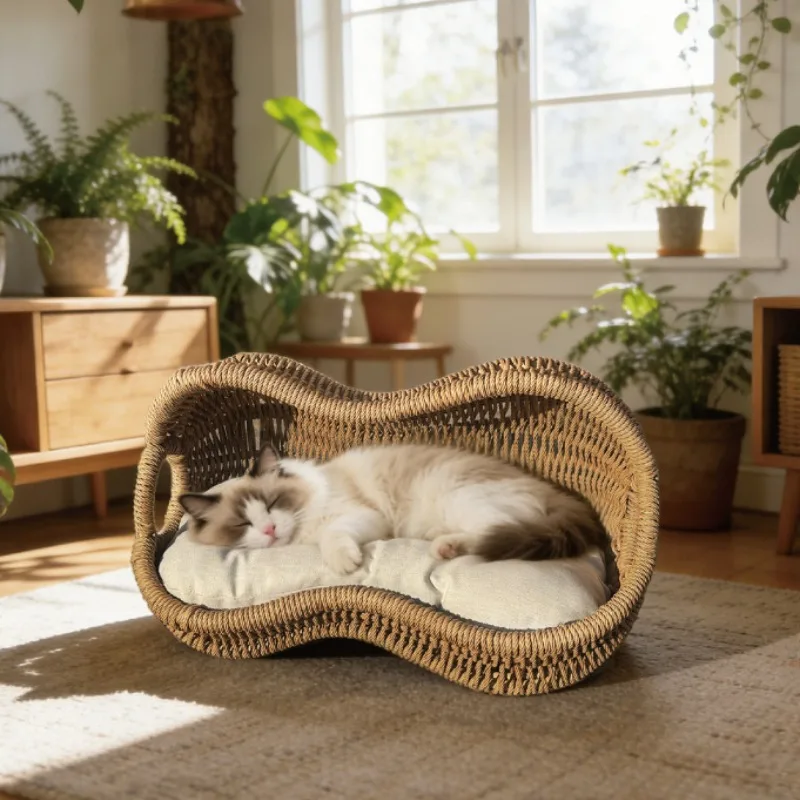 Cama para gato de ratan en forma de cacahuete con cojín lavable - imagen 3