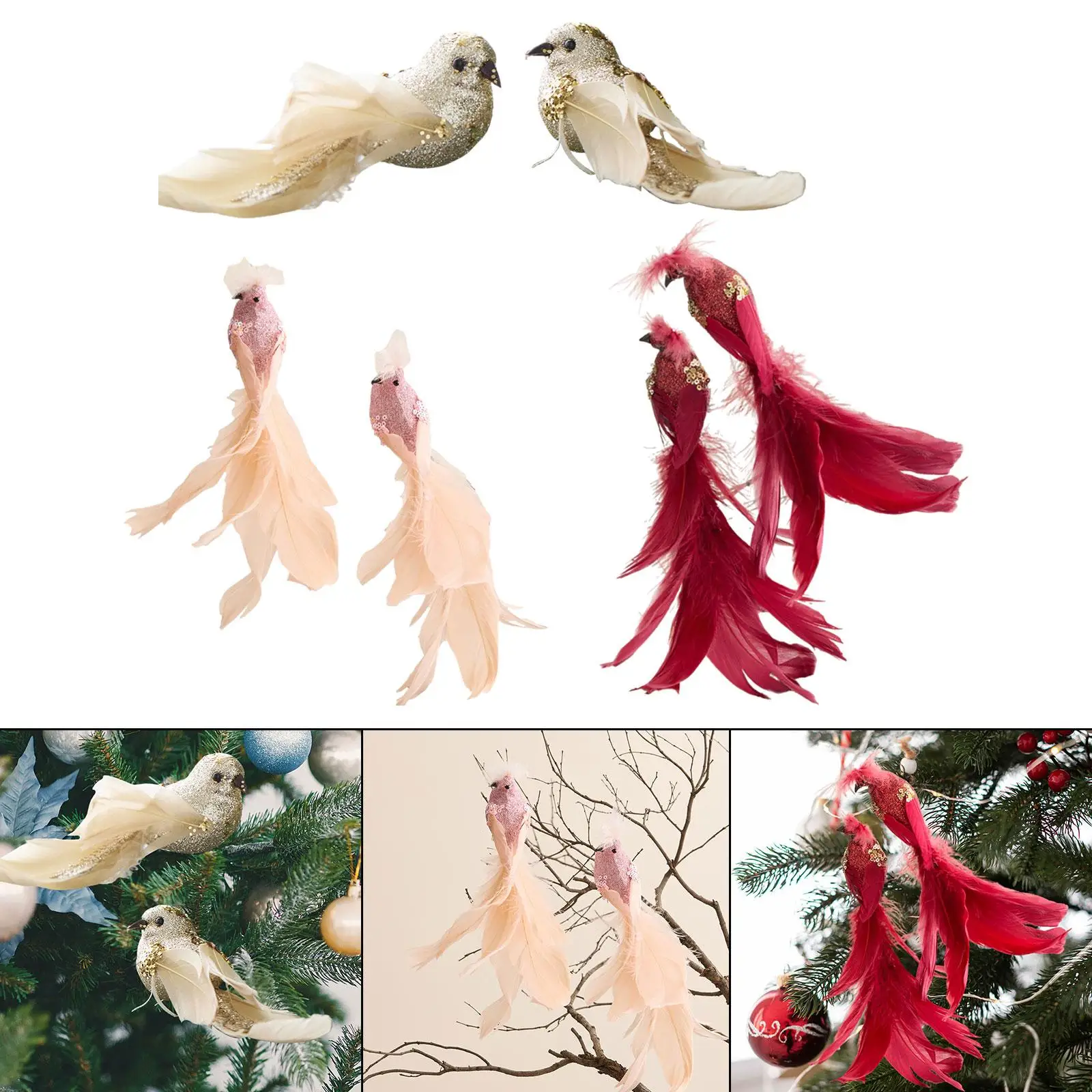 Pájaros artificiales en tonos champán, rosa y rojo
