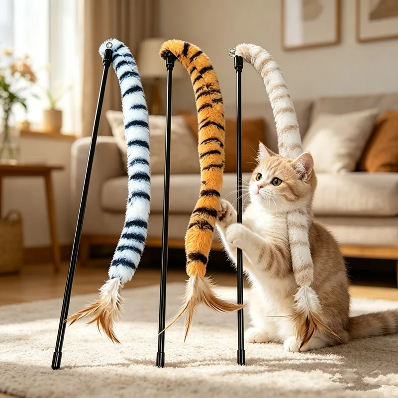 Juguete para gatos con plumas y campana, palo interactivo