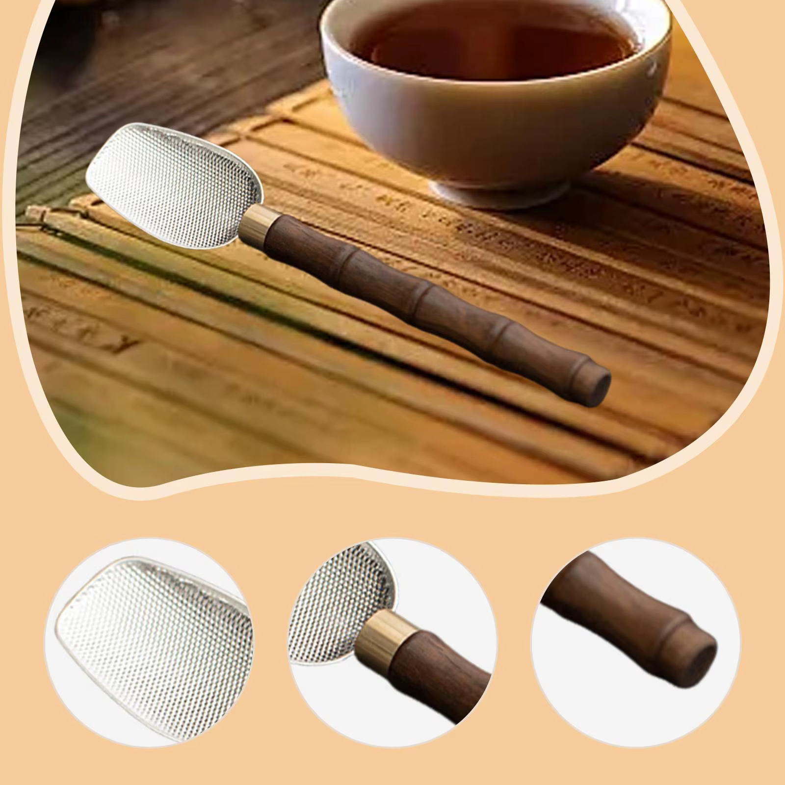 Cuchara té larga acero y madera – Mango cobre martillado artesanal - imagen 4