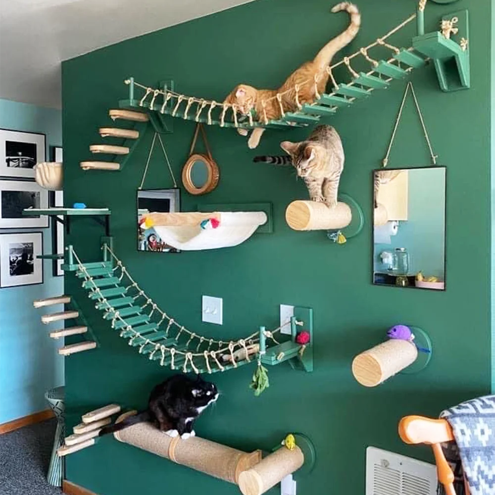 Puente redondo de madera y cuerda para gatos