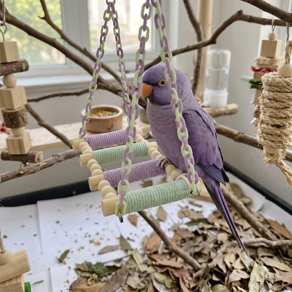 Columpio para loros de cuerda y madera, juguete colgante de jaula - imagen 3