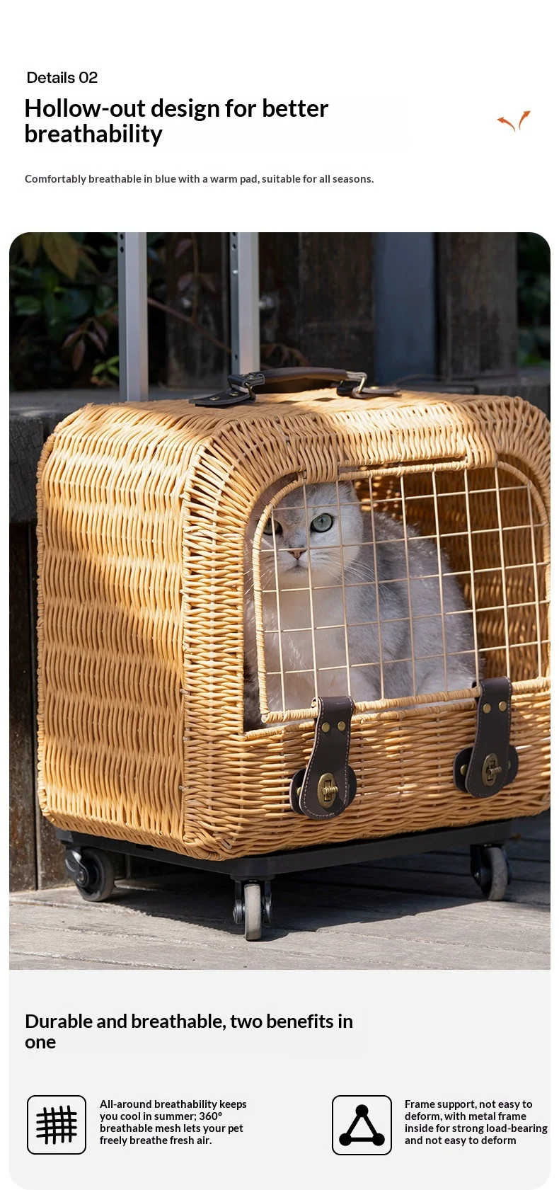 Draagbare rollende rotan kattenmand & -koffer, zomerse ademende hondenbuggy, 2-in-1 kattenreisbox voor buiten lista para uso