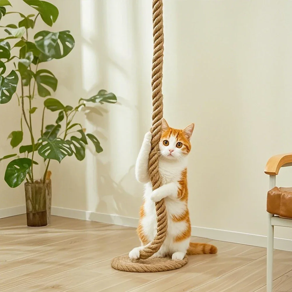 Escalera para gatos montada en pared de madera y sisal