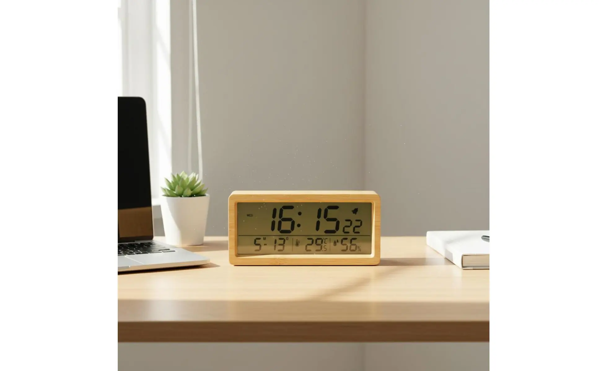 Reloj despertador de madera en entorno de oficina