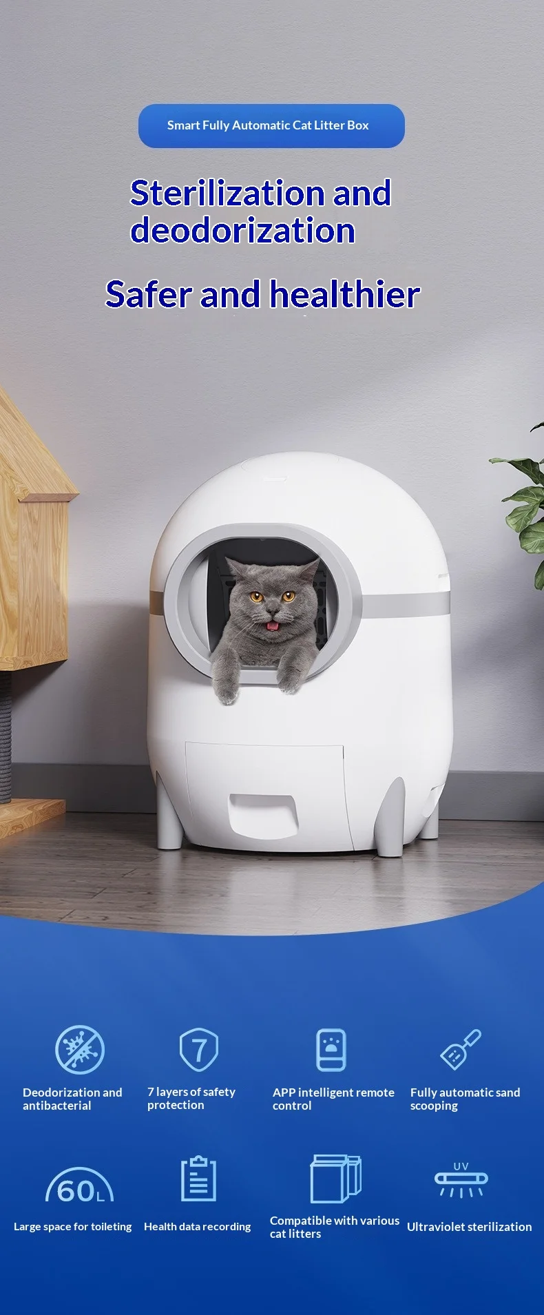 Caja de arena inteligente autolimpiable para gatos con contenedor de residuos