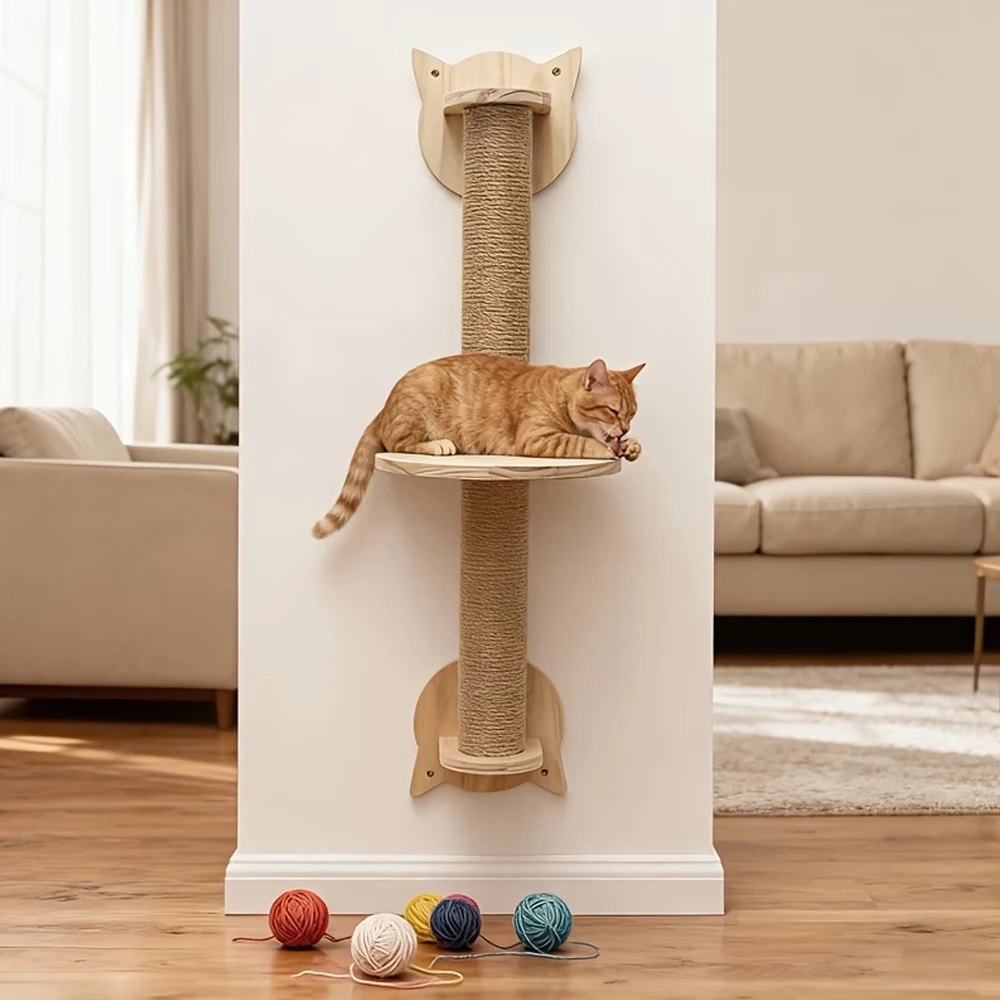 Vista de conjunto del árbol para gatos de madera y sisal