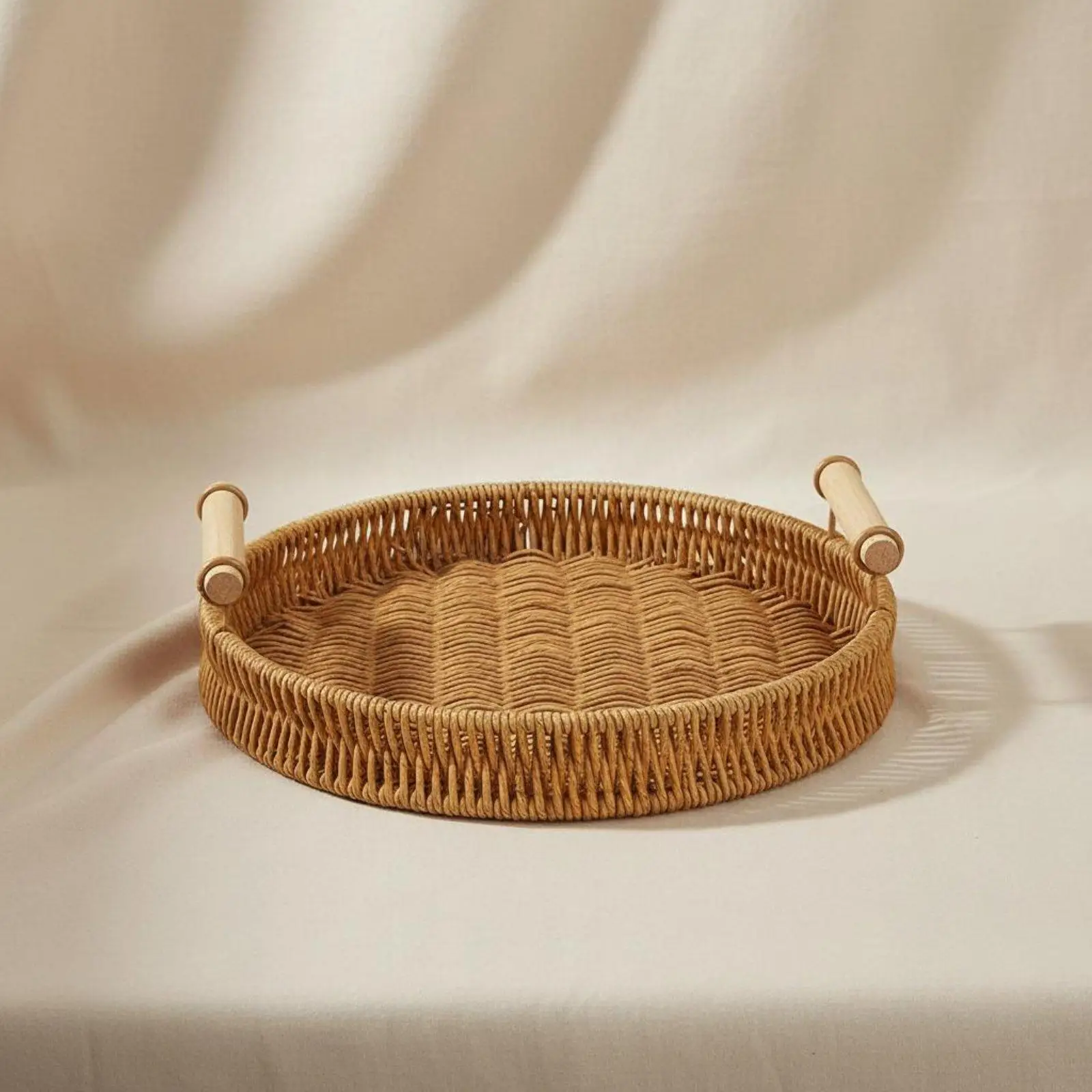 Bandeja decorativa rústica de ratán con asas de madera - imagen 4
