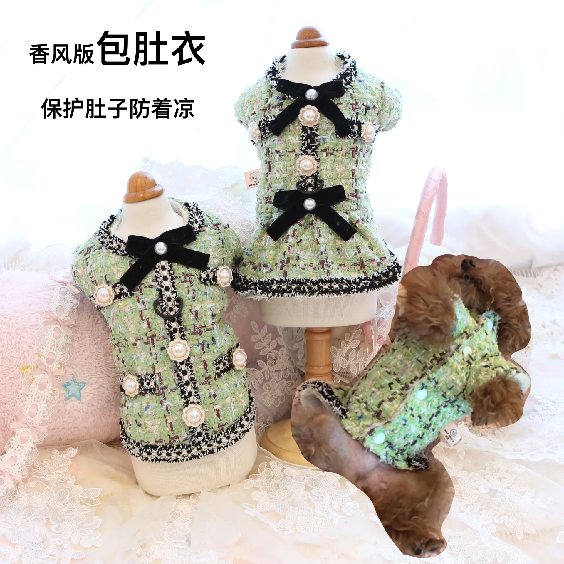 Vistazo frontal del vestido de peluche para perros pequeños