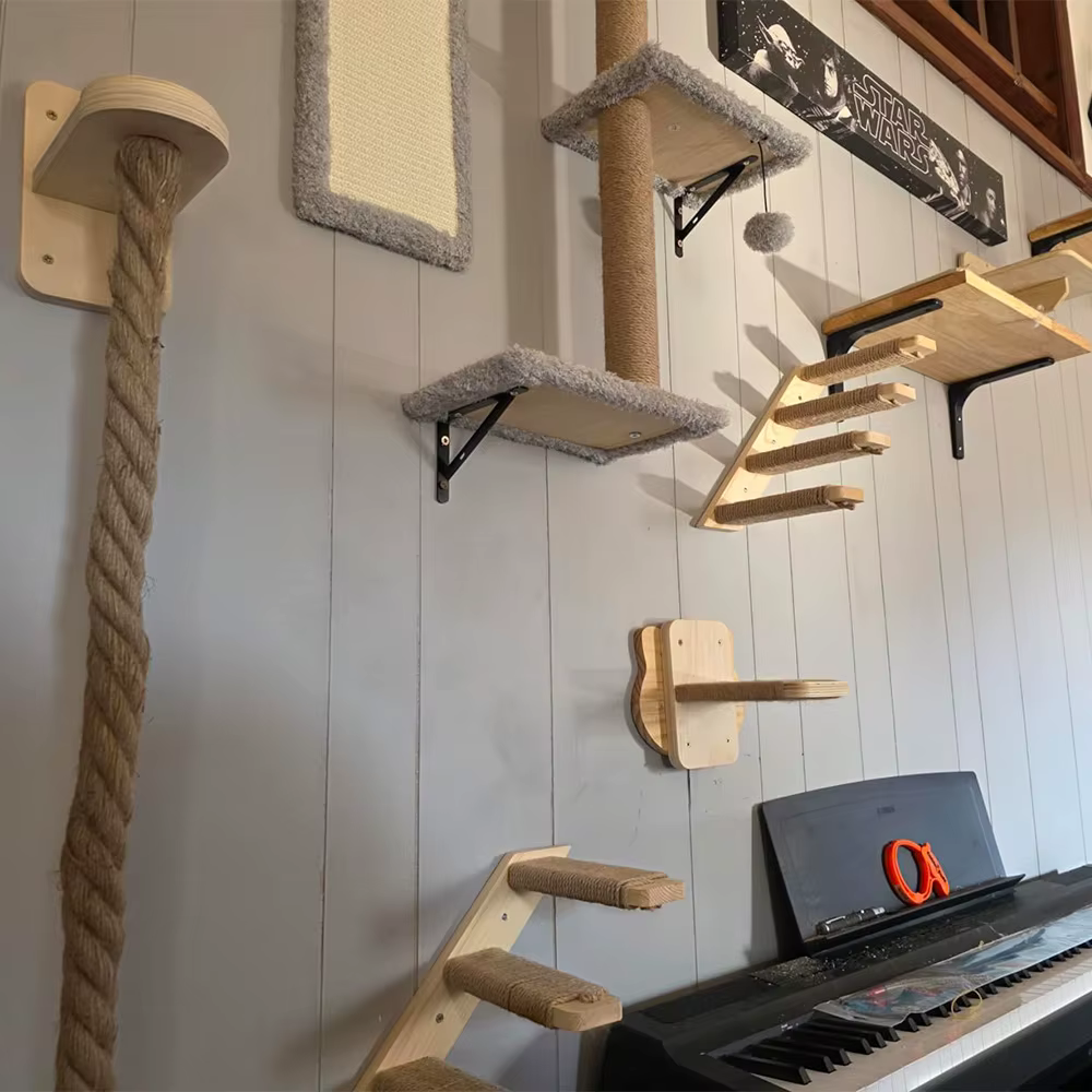 Mueble rascador de pared para gatos madera, sisal y hamaca - imagen 5