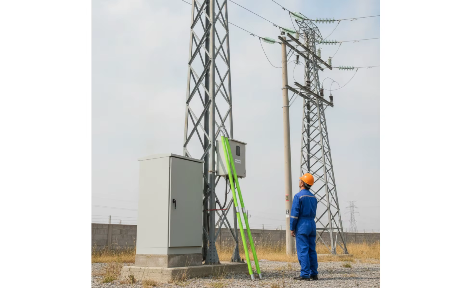 Varilla aislada con gancho extensible sobre fondo de trabajo eléctrico