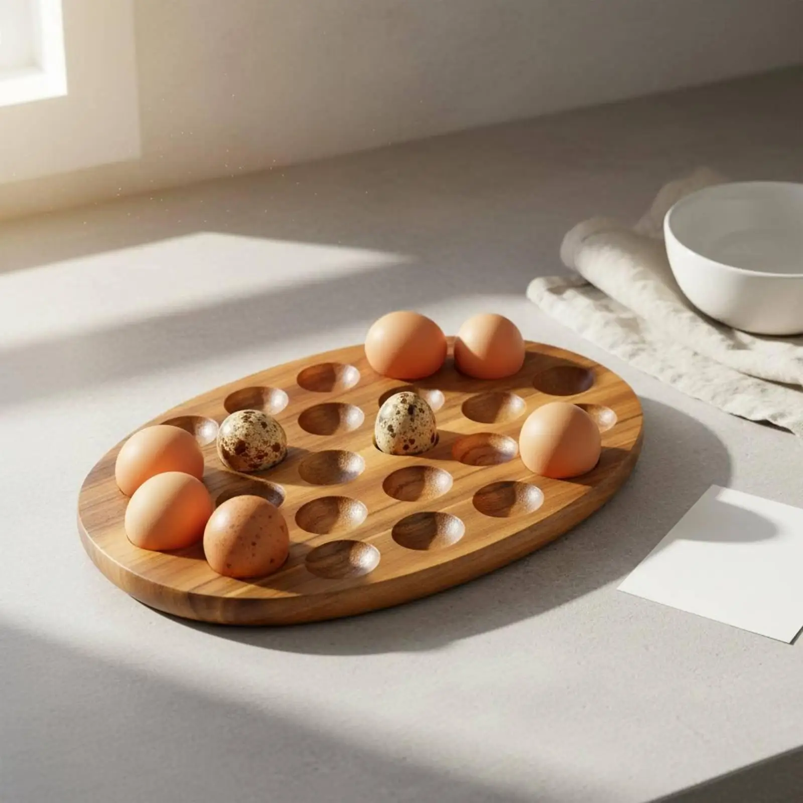 Detalle del acabado de madera de acacia de la bandeja para huevos