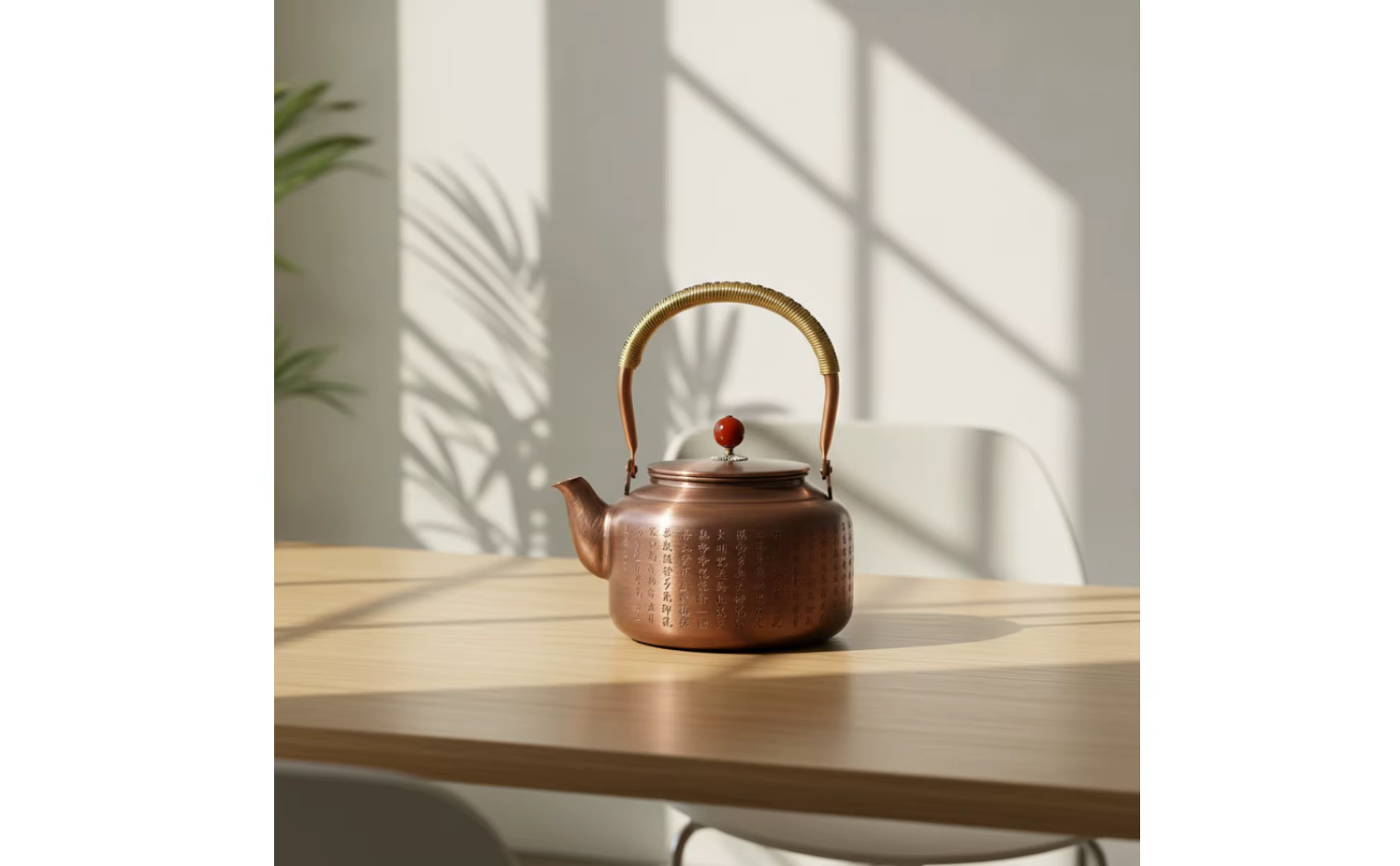 Tetera de cobre compacta con asa envuelta y estética vintage