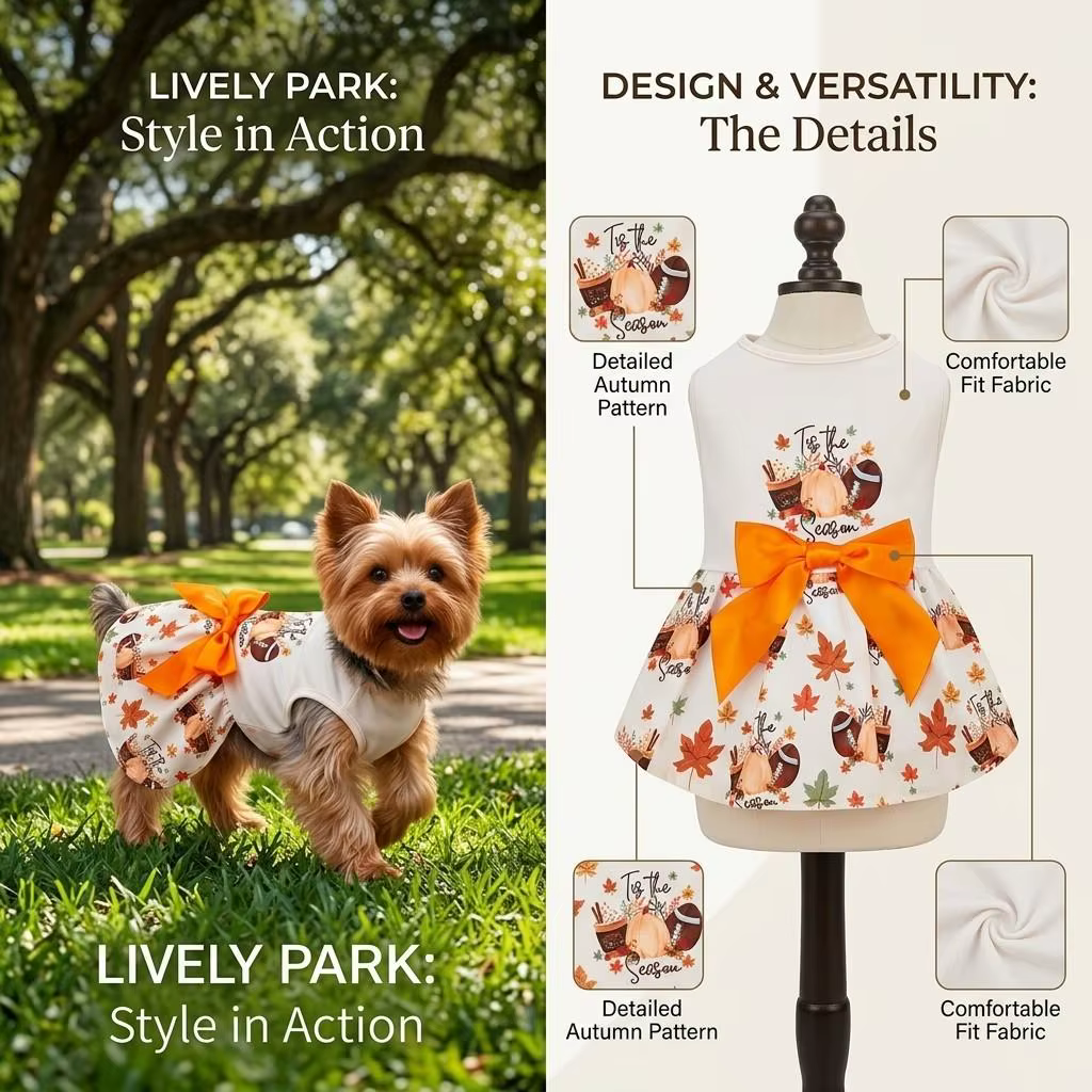 Detalle del tejido tul y estampado de hojas de otoño en vestido para mascota