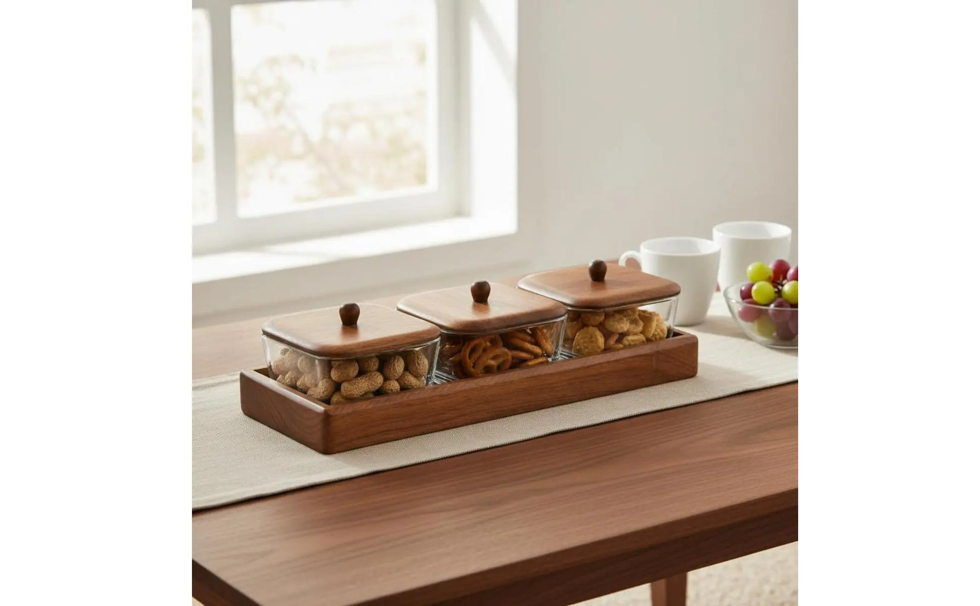 Juego de platos con bandeja de madera y compartimentos