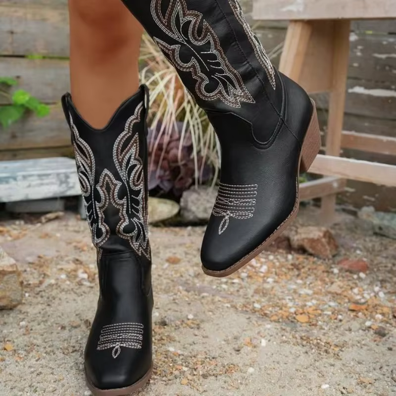 Botas vaqueras altas de mujer hasta la rodilla, tacón ancho y punta fina - imagen 2