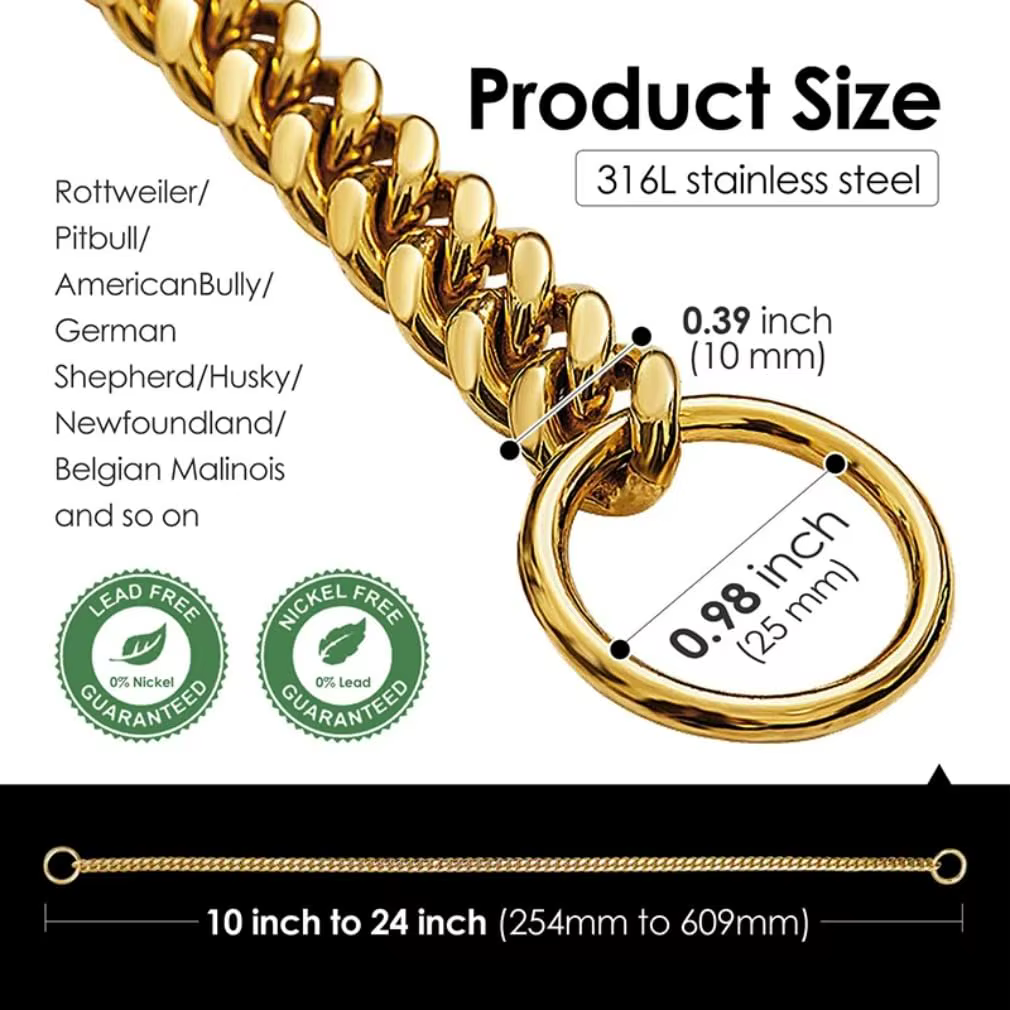 Collar cadena dorada para perros pequeños, medianos y grandes – Eslabones cubanos 10 mm - imagen 3