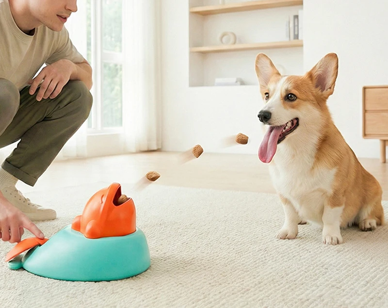 Mascota jugando con el dispensador de comida