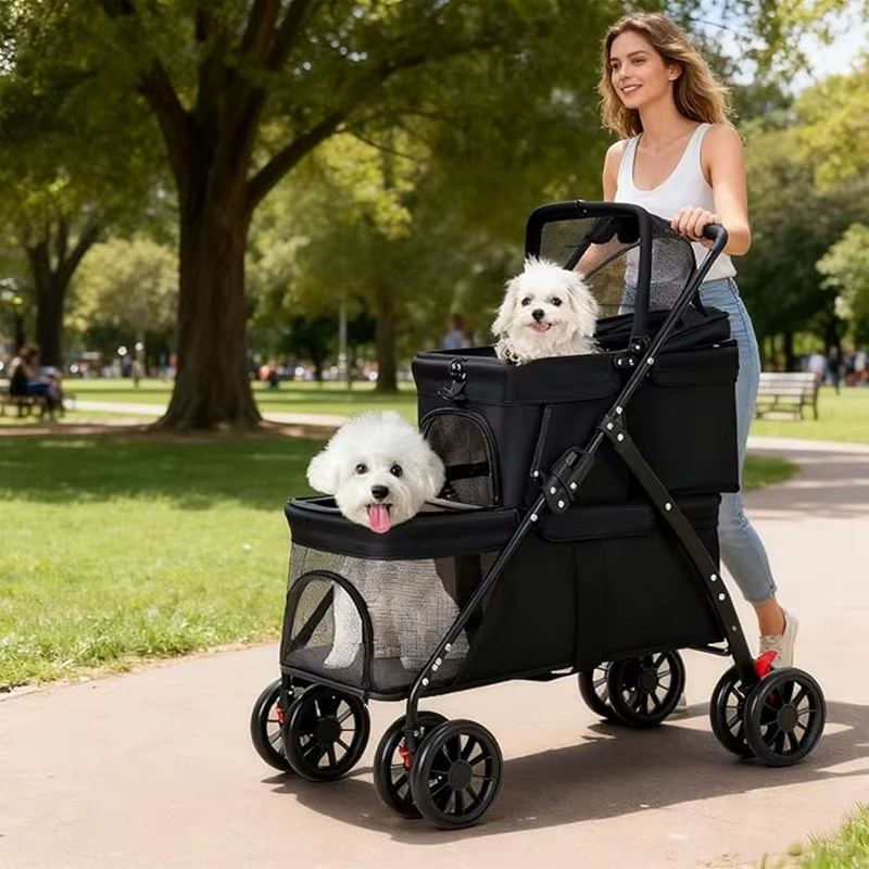 Carrito doble plegable para 2 perros o gatos pequeños – Con ruedas bloqueables - imagen 5