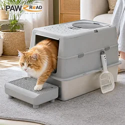 Caja de arena para gatos XL de acero inoxidable con tapa y escalón