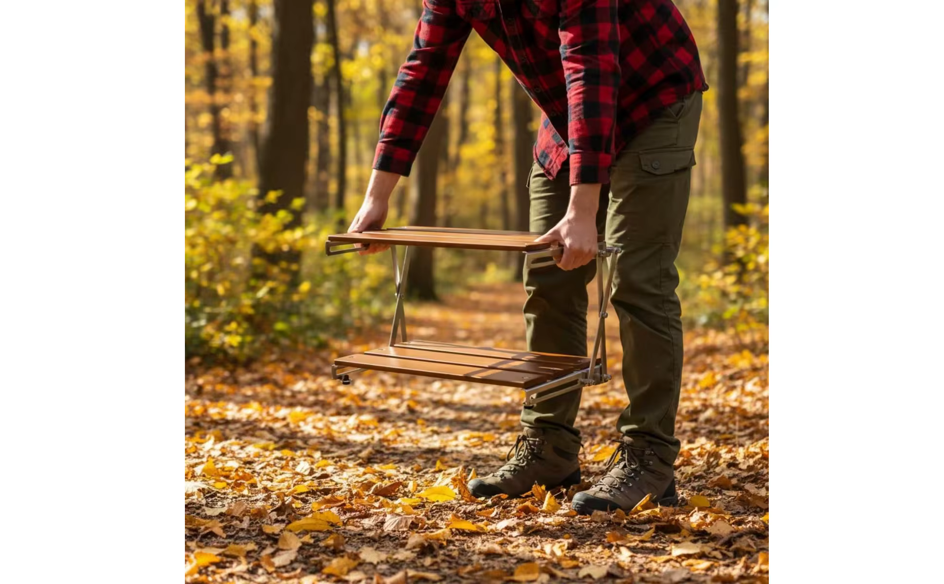 Estante plegable de dos niveles con estructura metálica y superficies de madera