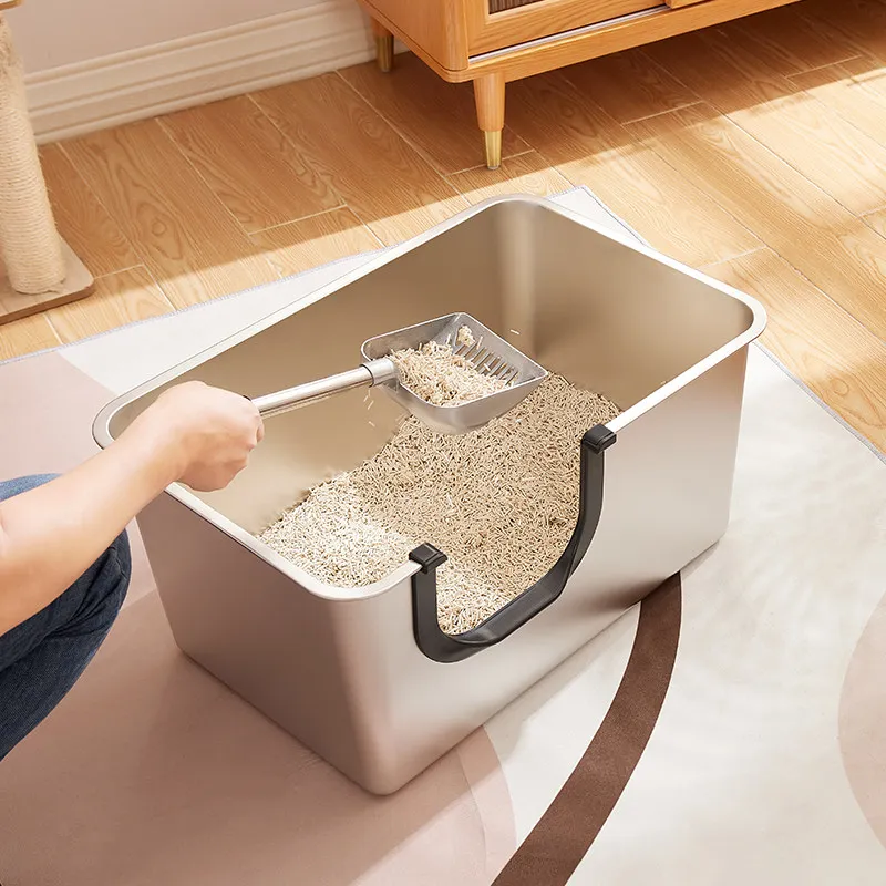 Caja de arena para gatos en acero inoxidable – Antisalpicaduras con entrada U - imagen 5