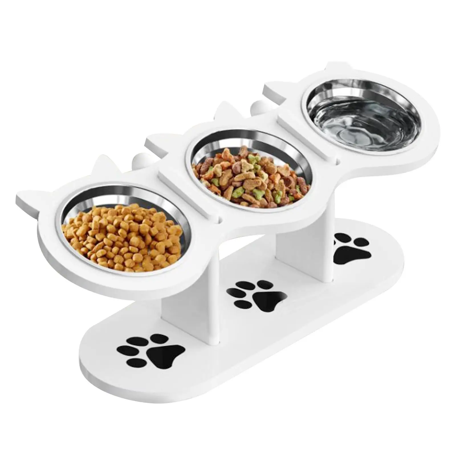 Comedero elevado con tres bowls de acero inoxidable sobre base de madera