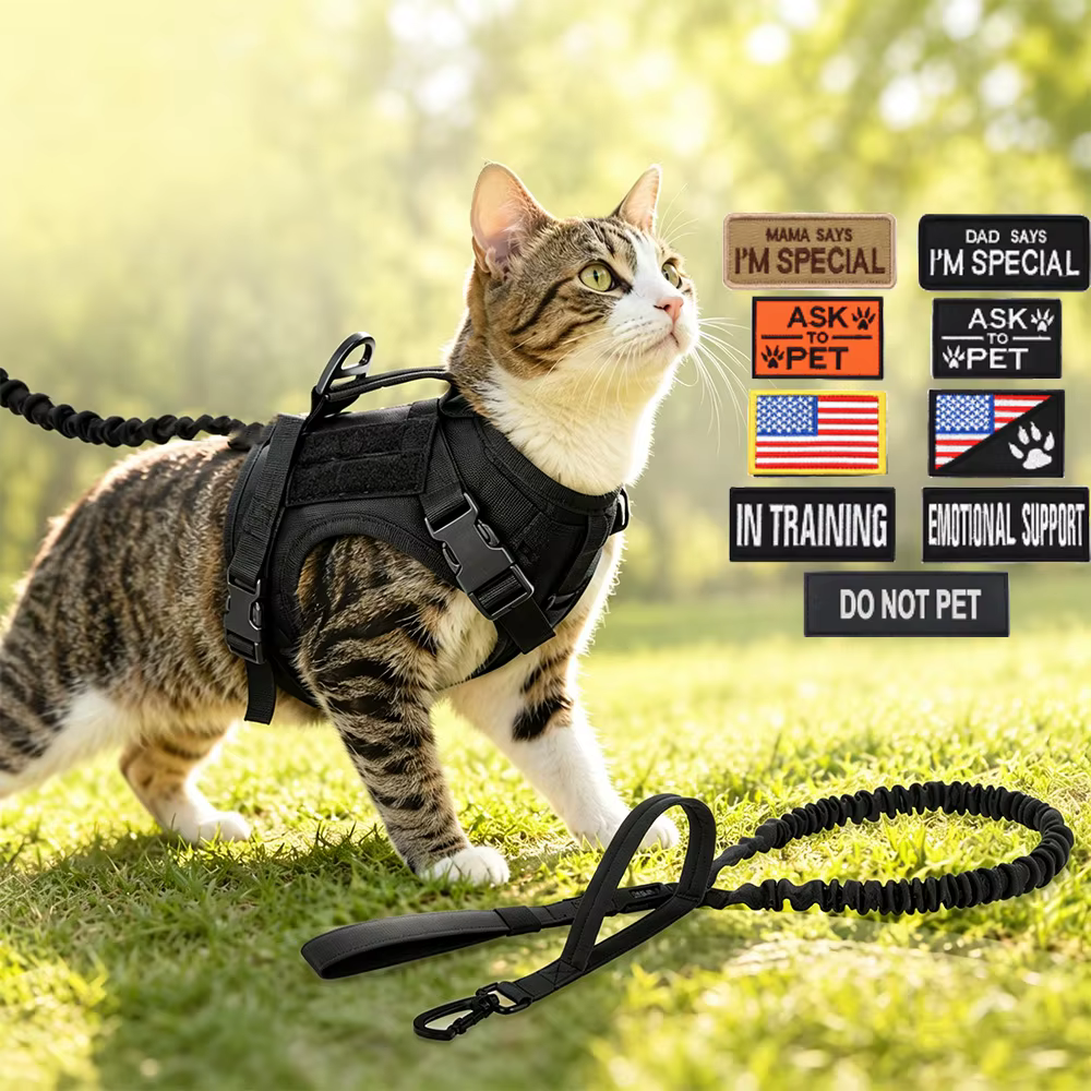 Gato con arnés táctico antiescape