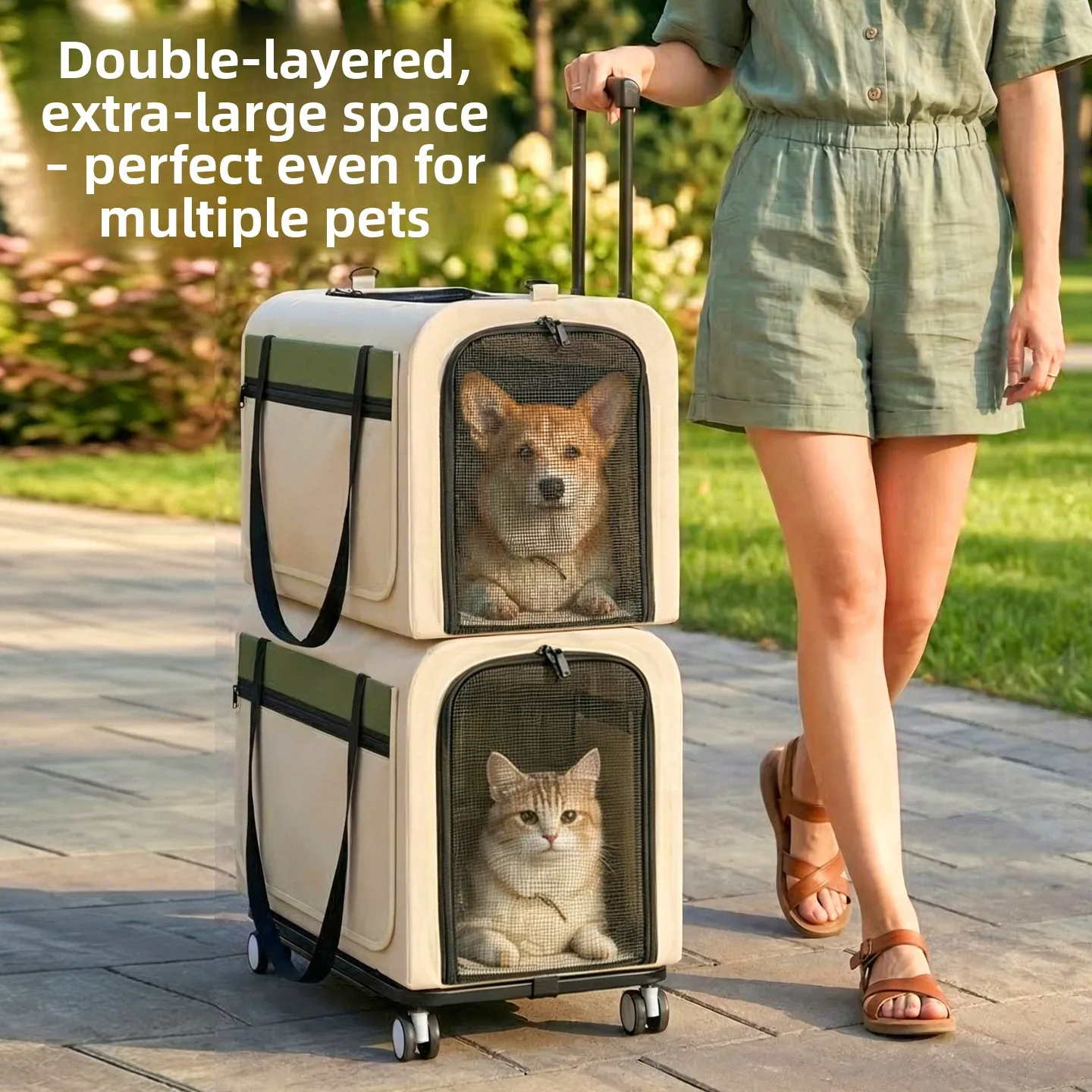 Cochecito 3 en 1 plegable doble capa para gatos y perros pequeños - imagen 4