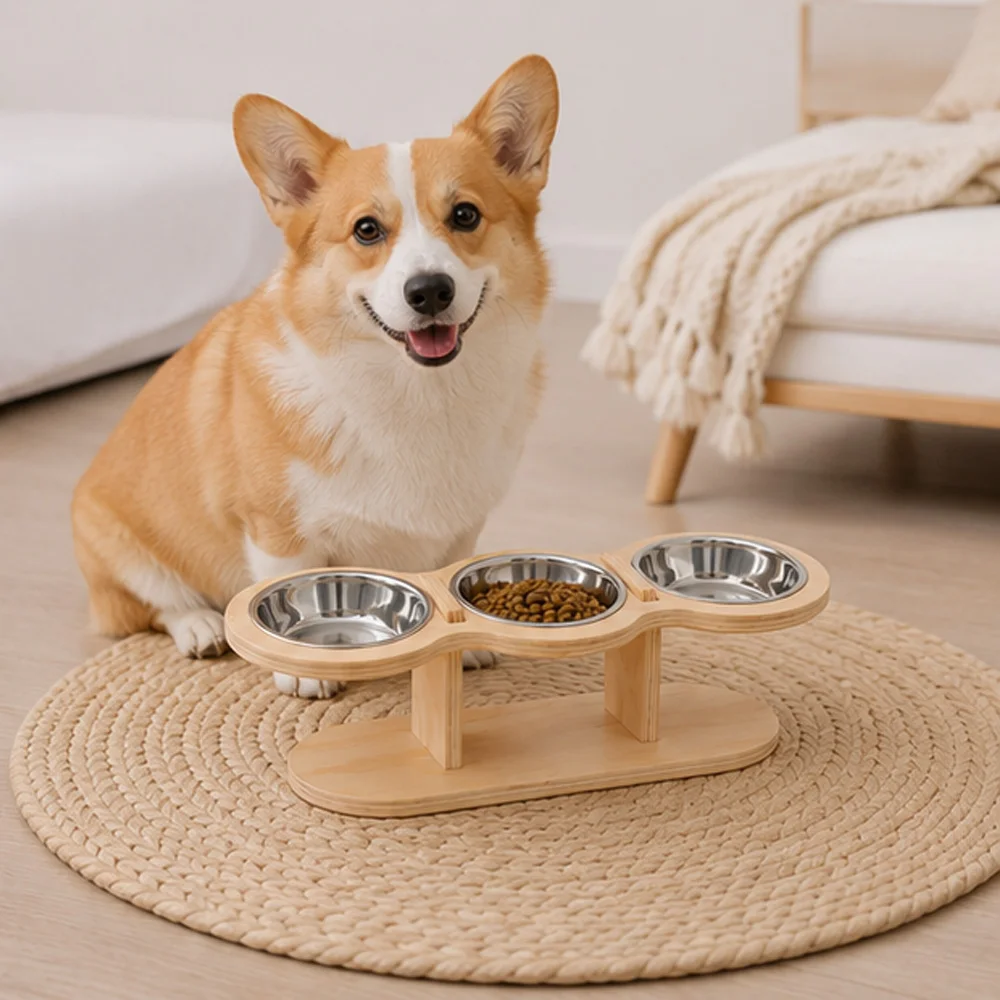 Comedero elevado madera acero 3 tazones para perro y gato - imagen 3