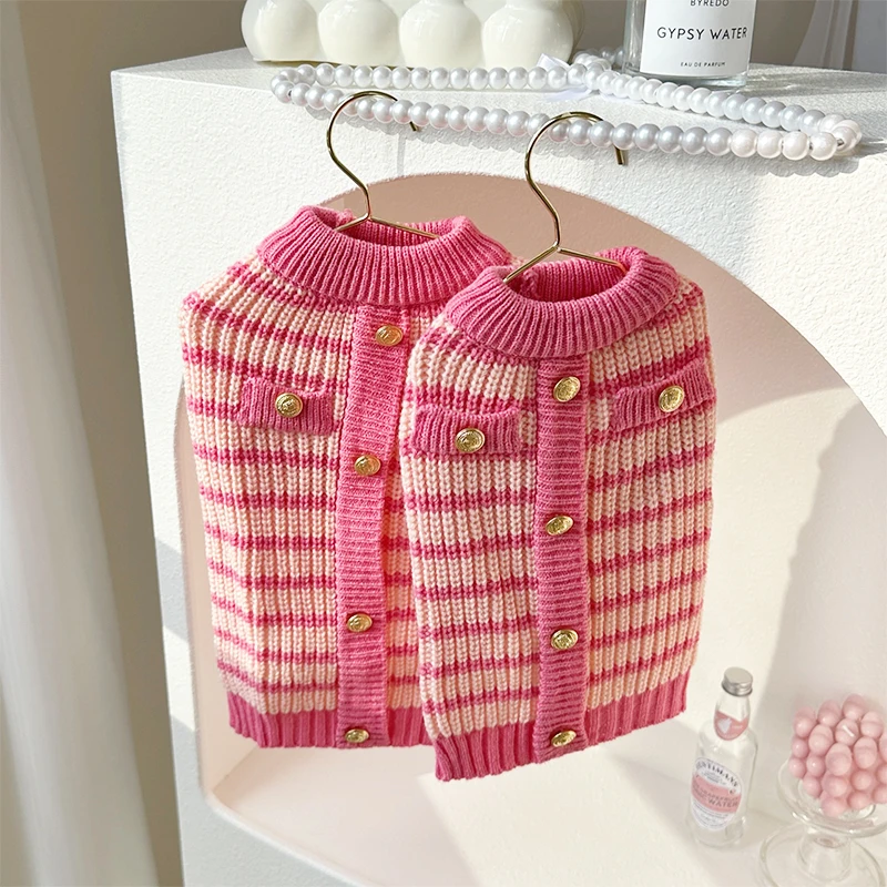 Suéter a Rayas para Perros Pequeños – Chaqueta Cálida Rosa para Otoño e Invierno