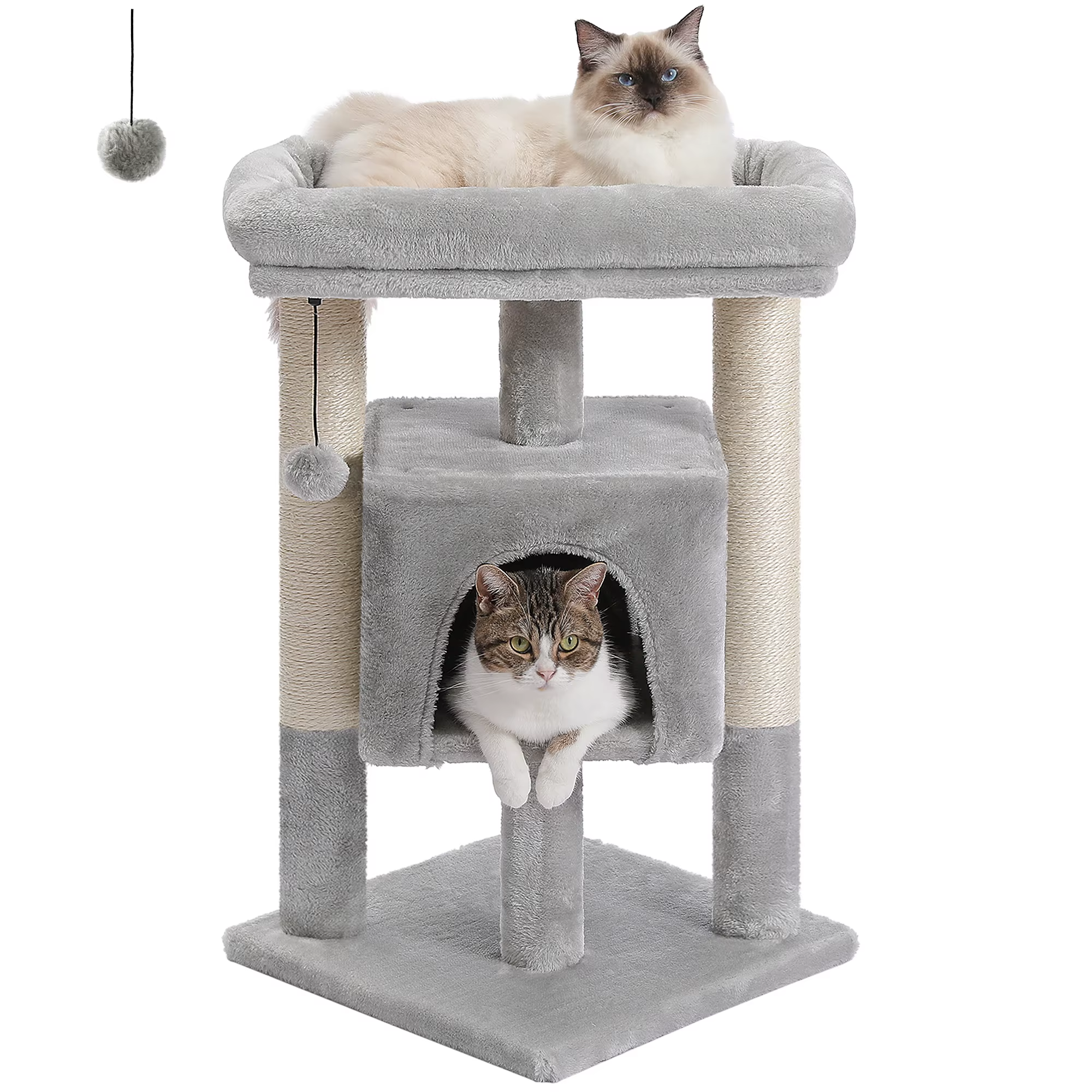 Vista general del árbol para gatos en gris y beige