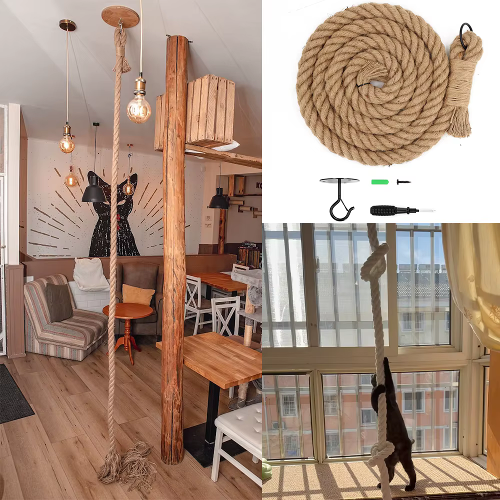 Rascador de pared para gatos con cuerda de sisal y escalón de madera - imagen 3