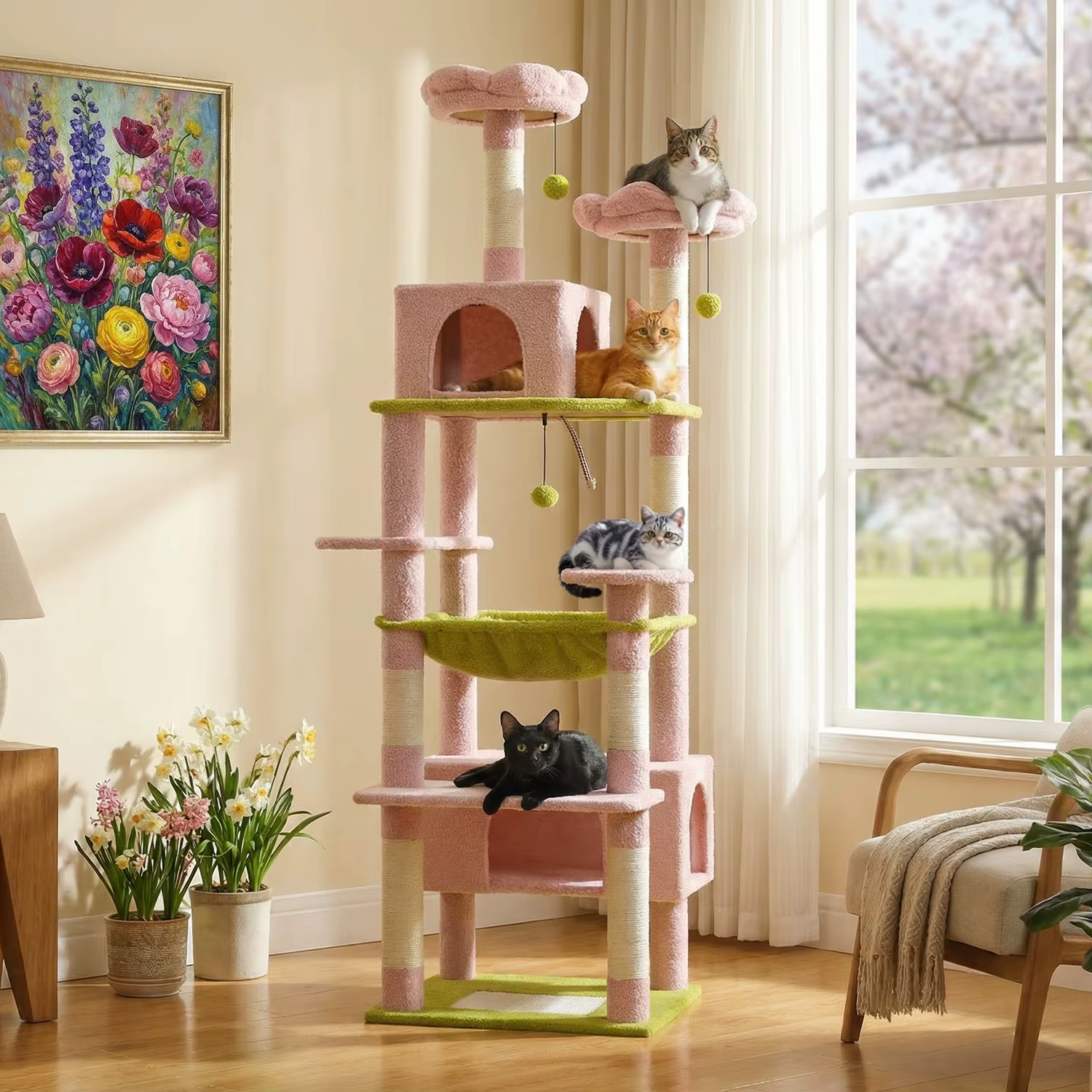 Árbol para gatos de varios niveles con rascador, hamaca y cueva
