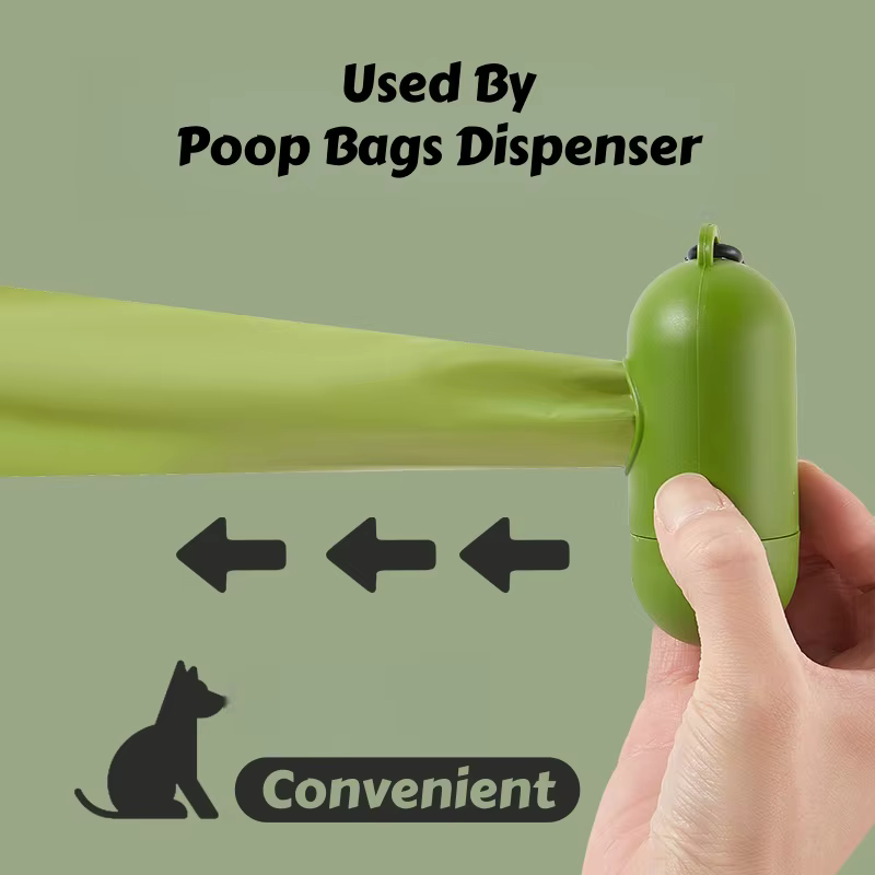 Rollos de bolsas para perros organizados en empaque