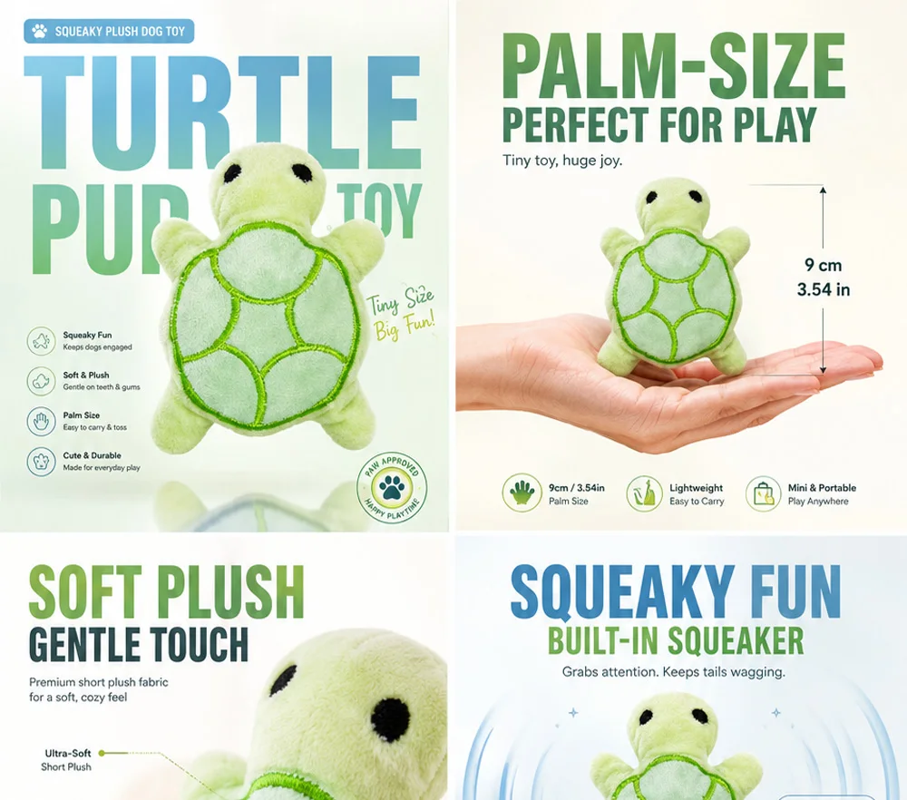Mini tortuga de peluche con sonido para perros, vista frontal