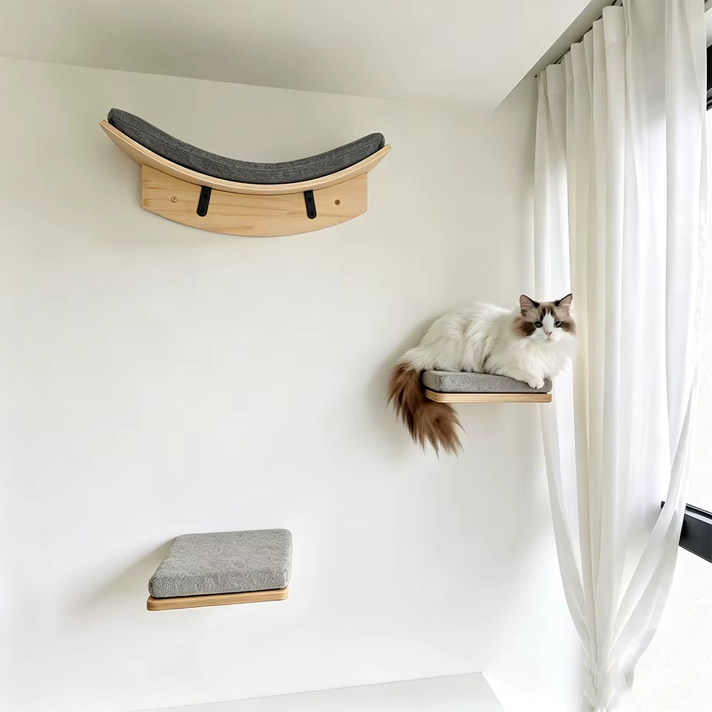 Estante mural para gatos con hamaca, cueva y escaleras de madera - imagen 5