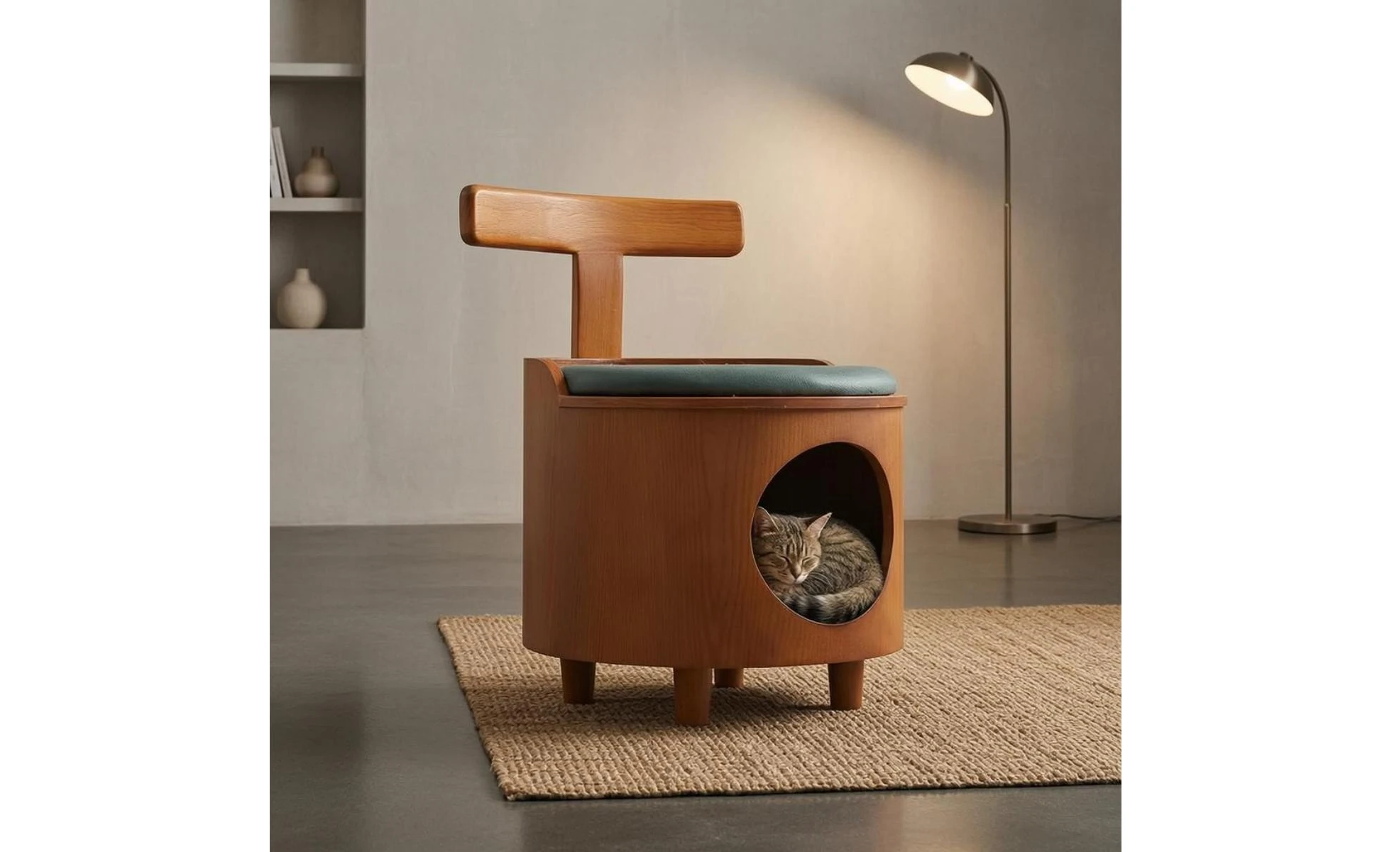 Vista lateral de la cama/casita para felinos en interior
