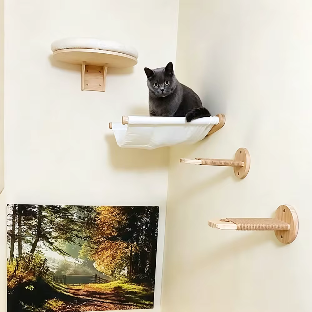 Estantes de escalada para gatos con hamaca curva y rascador en pared - imagen 3