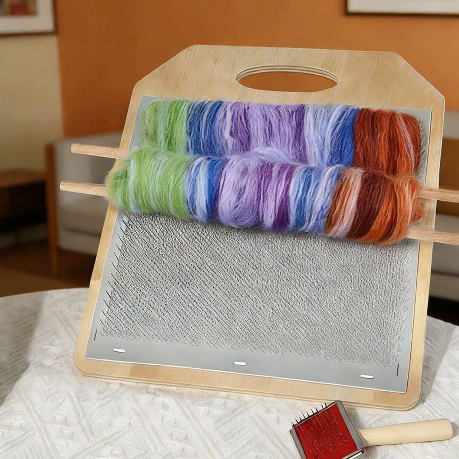 Tabla cardado lana madera – Set portátil DIY para mezclar fibras - imagen 5