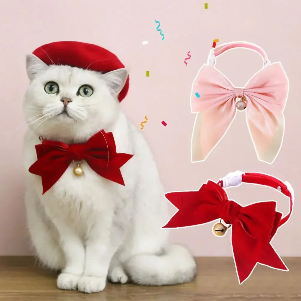Collar de terciopelo con lazo y campana para gato